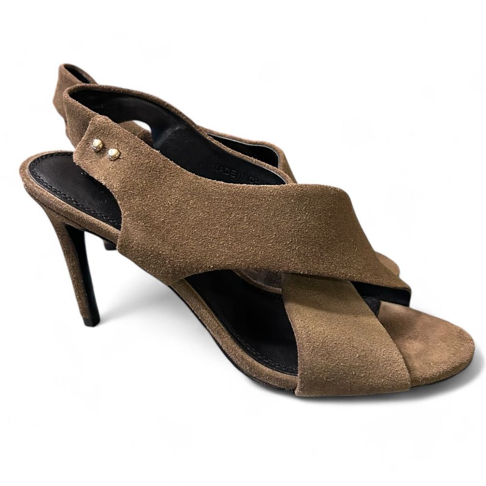 Sandro Olive Green Suede Crossover Slingback‎ Stiletto Heels with Gold Studs